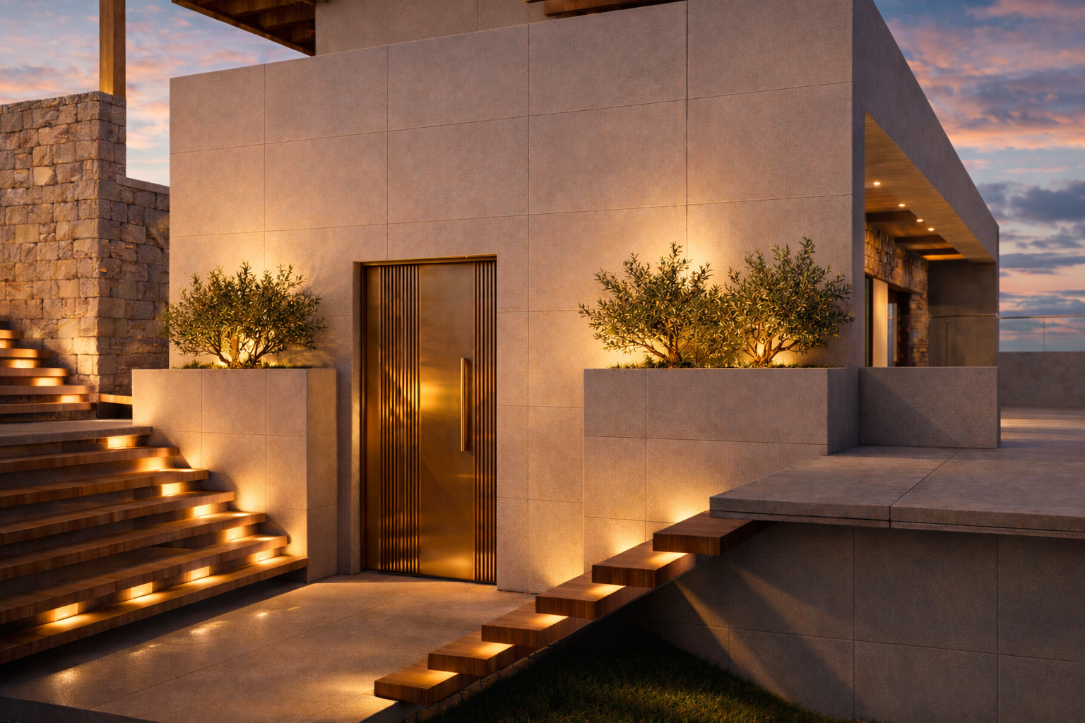 Villa Bouganvilleas entrance at dusk