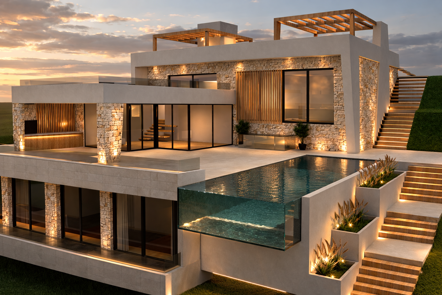 Villa Bouganvilleas at sunset with infinity pool